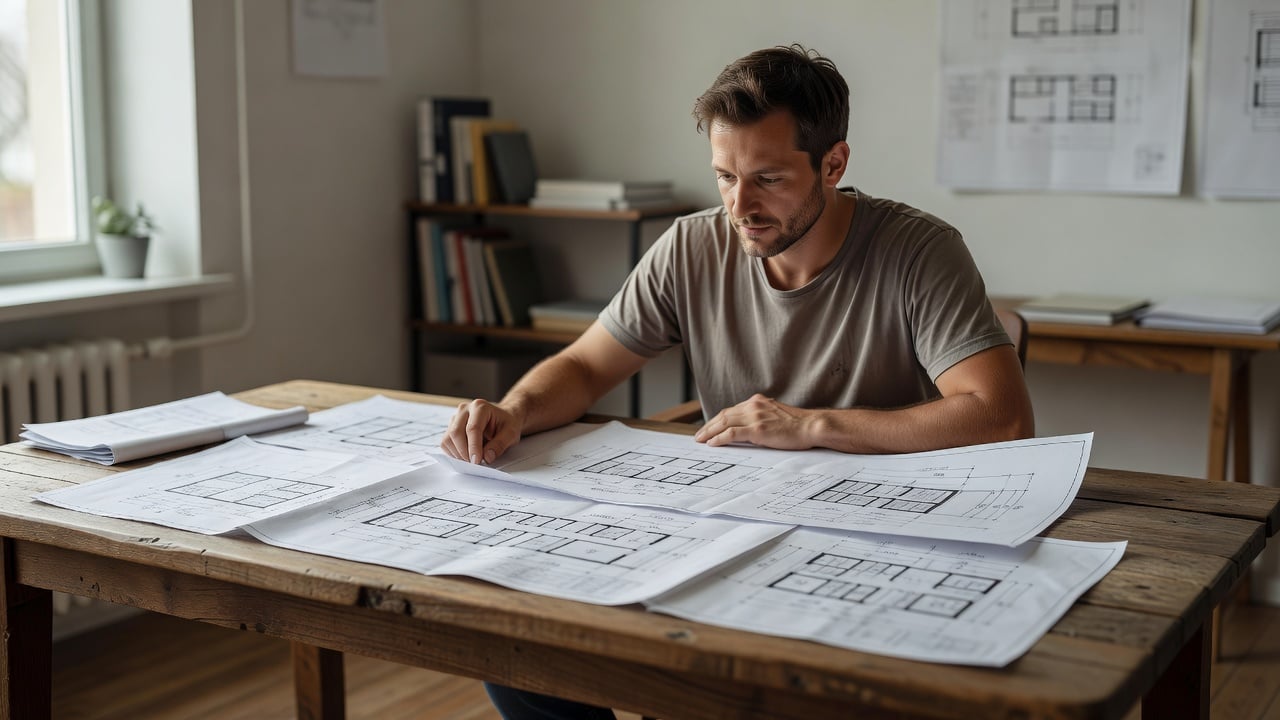 Developer studying codebase architecture diagrams on paper